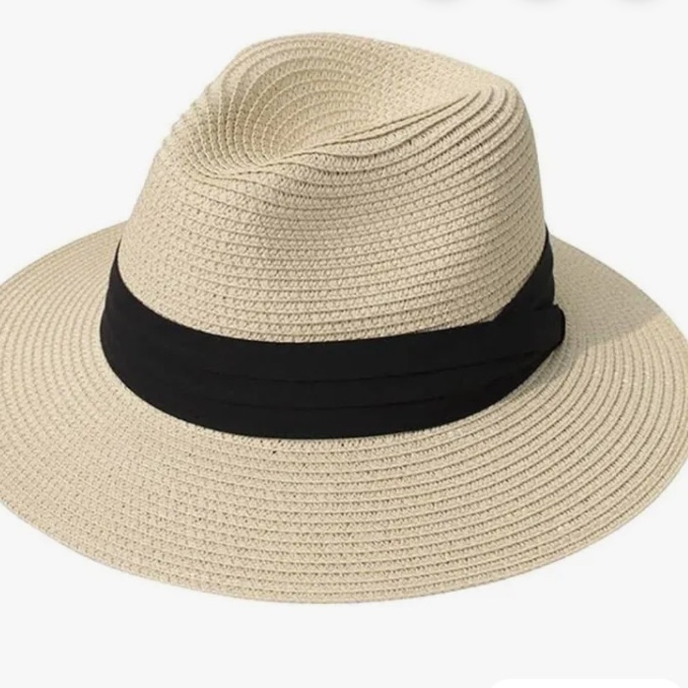 NWT Lanzqm Wide Brim Straw Sun Hat with Black Band